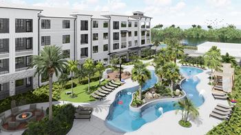 A resort with a pool and palm trees at The Stadler Luxury Apartments, Florida